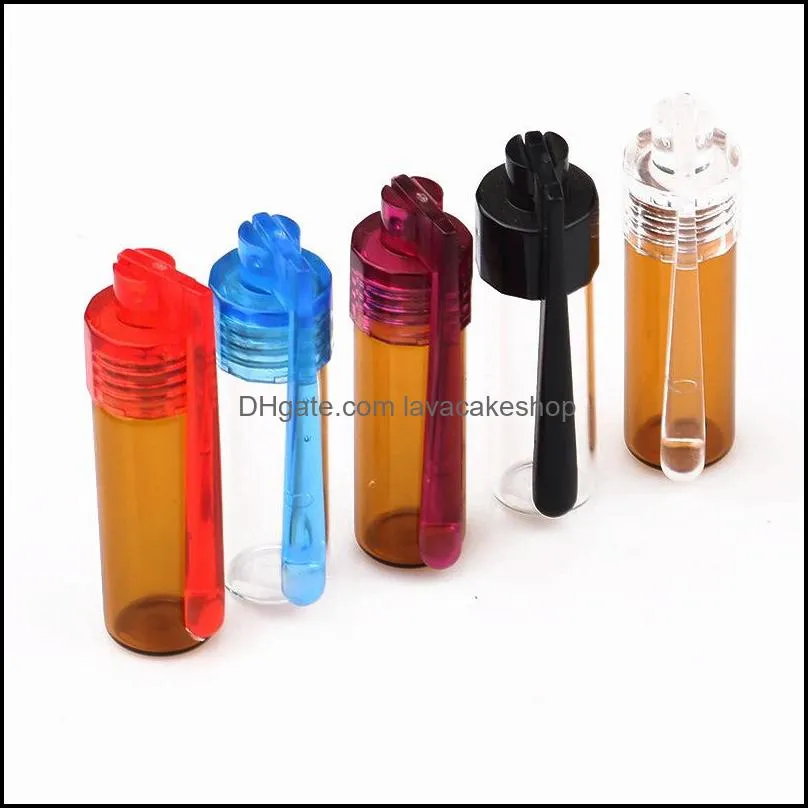 Colorful 36mm 51mm Travel Size Acrylic Plastic Bottle Snuff Snorter Dispenser Glass pill case Vial container box with spoon