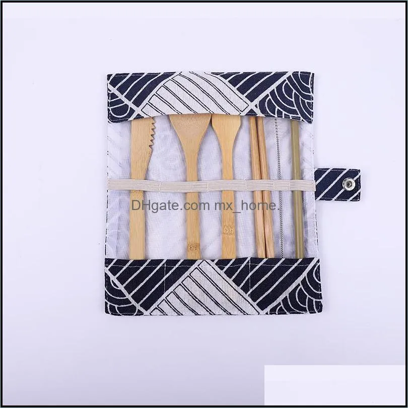 bamboo dinnerware flatware cutlery portable ECO friendly dinnerwares sets with cloth bag straw knife fork spoon chopsticks brush