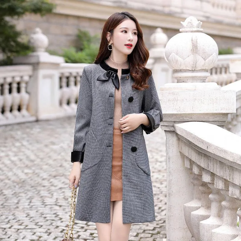 2023 Spring Fashion Woolen Coat With Bow Tie Midi Dress Decoration  