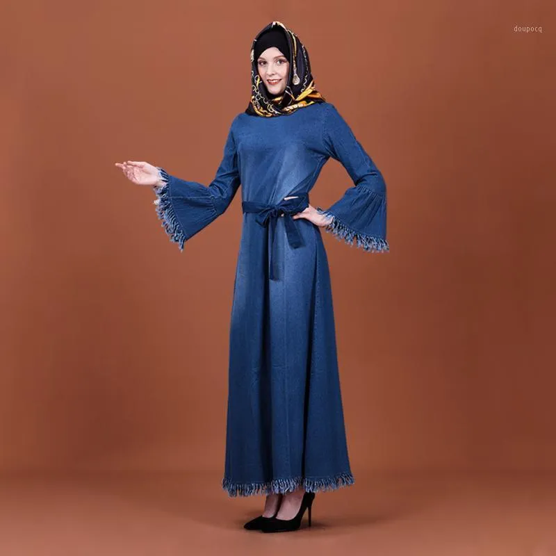 Le donne musulmane vestono farfalla ampia a maniche lunghe in denim abito musulmano moda Abaya Dubai Turchia abiti lunghi abbigliamento etnico