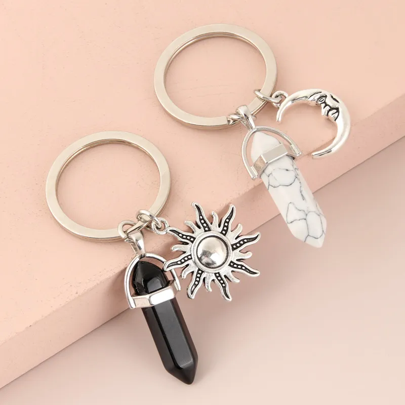 Porte-clés en pierre opale naturelle pour femmes, colonne hexagonale, bijoux soleil lune, Couple amis