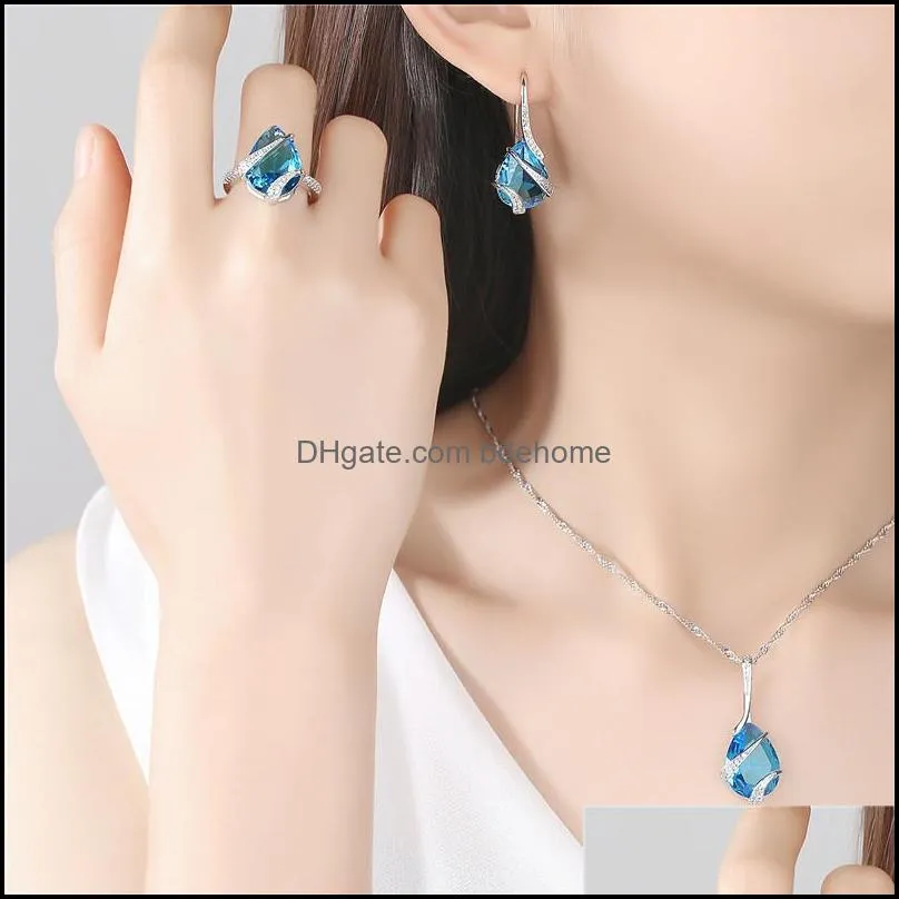 Popular Sea Blue Water Drop Zircon Necklace Earrings Retro Jewelry Topaz Necklace Set 45cm chain