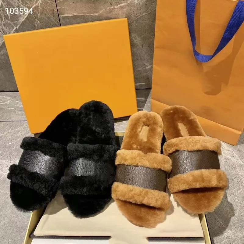 Women Fur Slipper Lock IT Flat Mule with Real Wool Real Calfskin Shoesl Lady Slides Sandals Winter Warm Booties with Box EU42 NO44