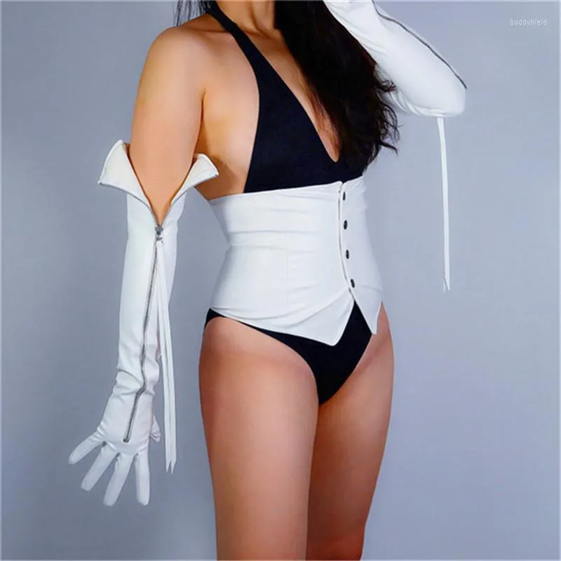 Guantes de cinco dedos Moda Cuero largo Mujer 60cm Extra Plata Cremallera Imitación Blanco Mujer PU 2022 WPU219