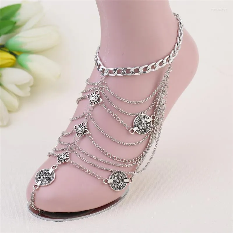 Anklets europeiska och amerikanska prydnad punk retro strand metall mynt fotdekoration multi-skikt tassel kedja anklet kvinnlig marc22