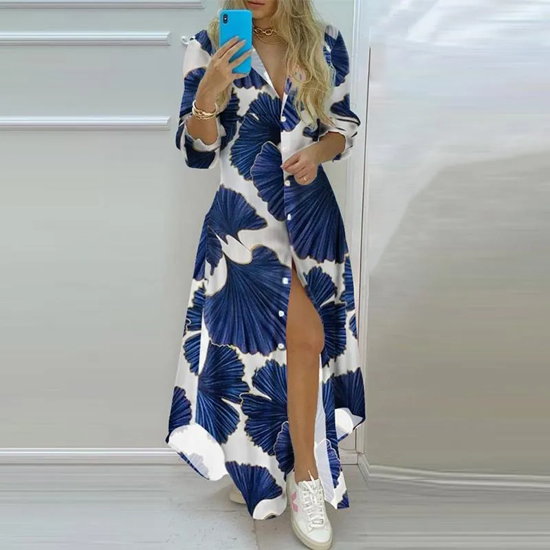 Casual Dresses Summer Woman Long Shirts Dress Turn-Down Collar Button Maxi 2022 Fashion Elegant Sleeve Party DressCasual