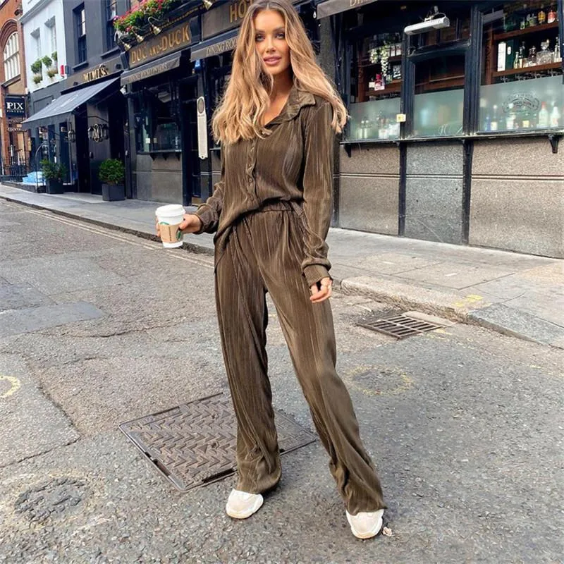 Women's Two Piece Pants Pieces Shirts Sets Womens 2022 Autumn Solid Folds Blouse Suits Y2K Cloth Outfits Loose Wide Leg Female S23Women's