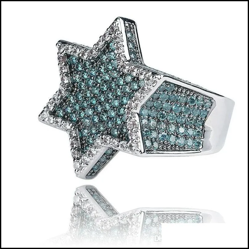 Fashion Cluster Rings Jewelry Luxury Mint Green Bling Zircon Micro Paved Rings Street Platinum Plated Hexagram Hip Hop Rings LR111