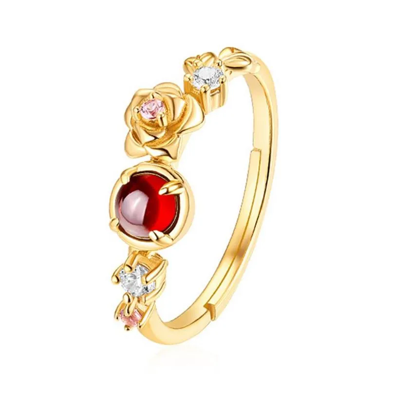 4mm Natural Garnet Stone Rose Flower Ring 0.3 micron 9K Gold Plated Real 925 Sterling Silver Women Jewelry For Gift2623288m