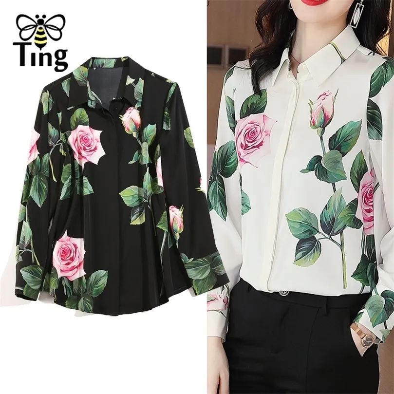 Tingfly -ontwerper Rose Flower Floral Turn Down Collar Button Up Blouses Elegant Women Office Work Blouse Blusas Femme Shirts Plus 210308