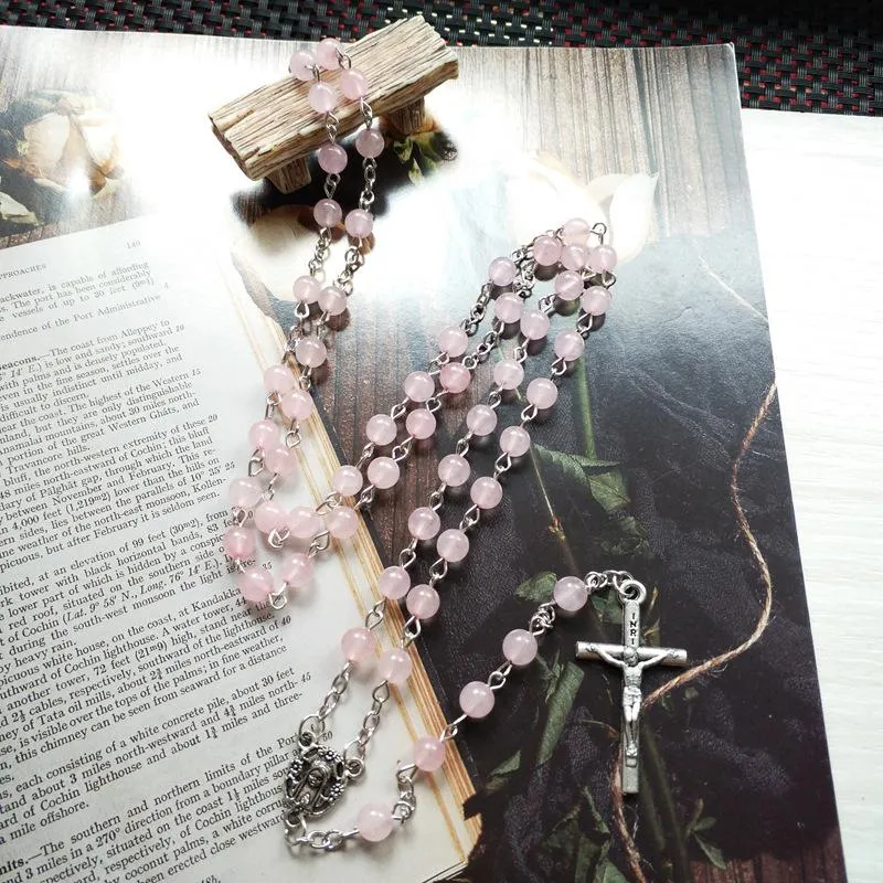 Hanger kettingen Religieus katholiek kruisbeeld Kruis rozenkrans ketting roze kristallen gebed kralen ketting chaplet maagdelijke mary meda -kerk sieraden