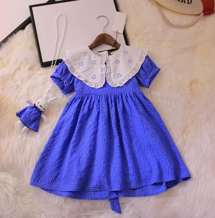 Royal Blue Fashion Girls Dresses High Quality Short Sleeve Doll Collar Summer Pure Color Children Clothing The Rabbit Doll Design Childrens Girl Princess Dress