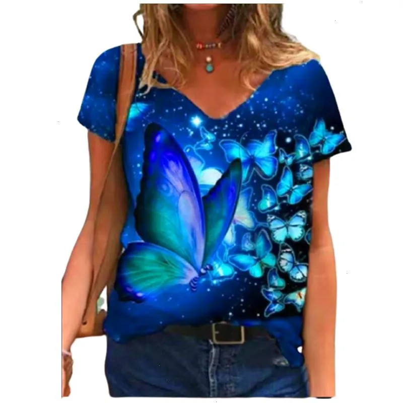 3xl Oversides Ladies Tops Casual Short Sleeve V-neck Loose T Shirt Size Women 3d Butterfly Summer Tees Clothes