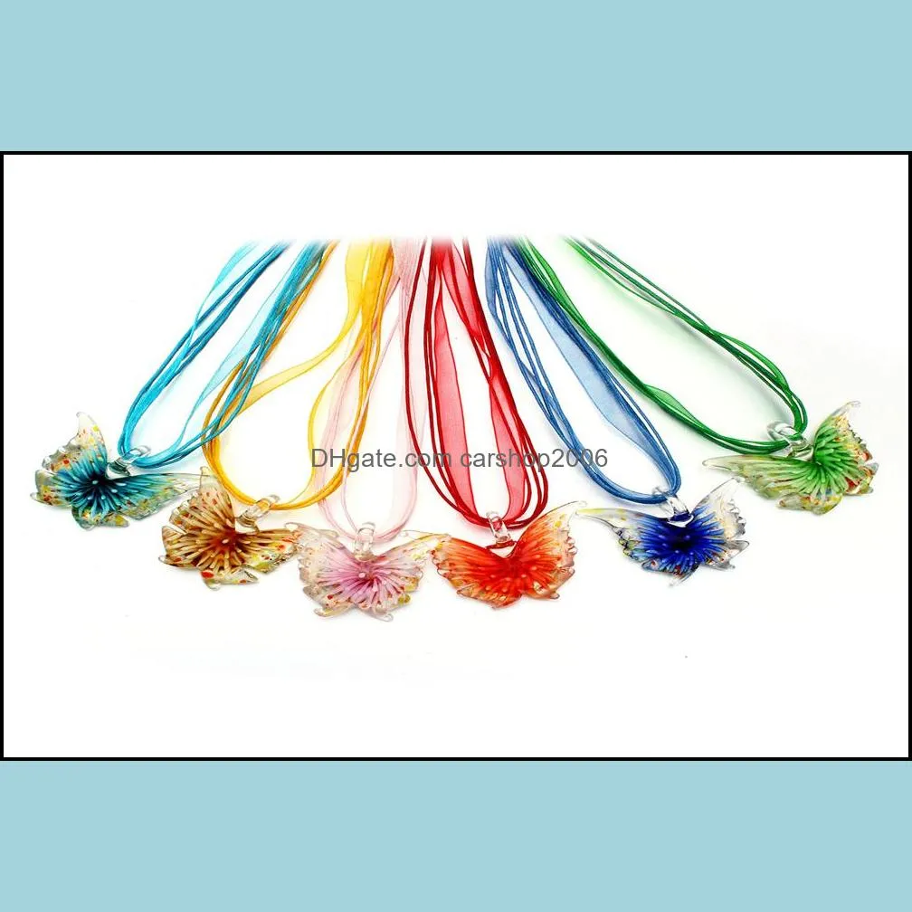 wholesale 6pcs butterfly lampwork glass pendants rope & silk necklace bohemia women`s jewelry
