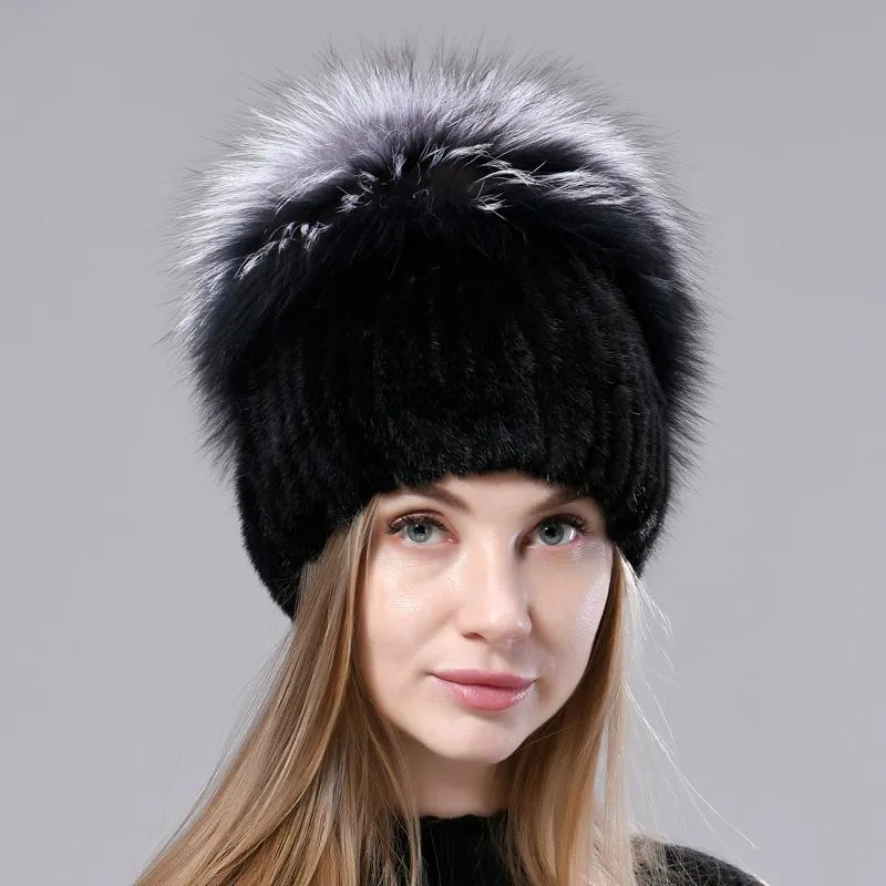 Beretten natuurlijke bont hoed donzige winter warme nerts vrouwen gebreide luxe mode stijlvol anti-koude real