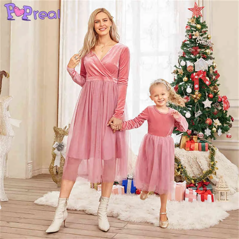 PopReal Herbst Winter Mutter Und Tochter Kleid Mode V-ausschnitt Mesh Nähte Rosa Kleid Familie Passenden Kleidung Mutter Kinder