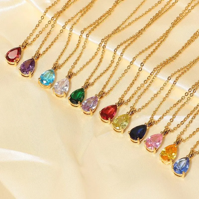 Pendant Necklaces Cubic Zirconia Stainless Steel 12 Month Birthstone Necklace Waterdrop CZ Zircon Jewelry PVD Gold For GiftPendant Necklaces