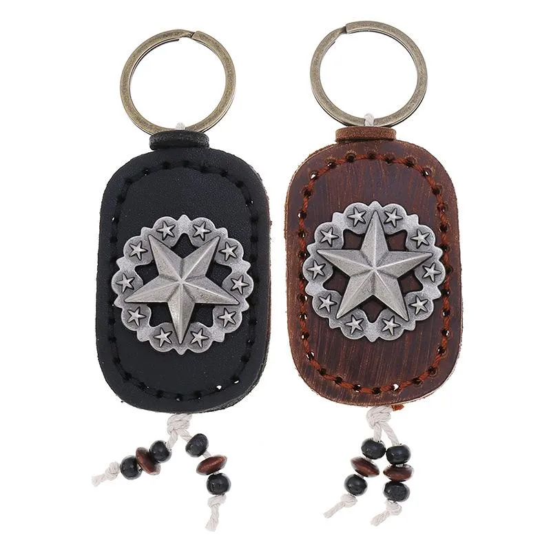 Keychains Vintage Antique Silver Color Five-Pointed Star Leather Charm Car Punk Keyrings Male Female Trendy Jewelry Friends Gift