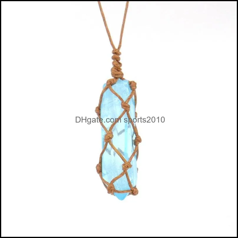 healing crystal column dyed natural stone pillar pendant weave net bag charms green pink crystal rope chain necklaces wholesale christmas jewelry