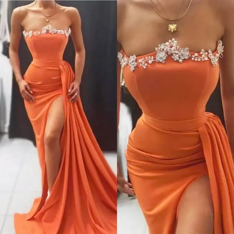 Corail Sexy sirène robes De bal volants perlé fendu côté haut balayage Train robes De soirée Robe De soirée Robe De soirée formelle