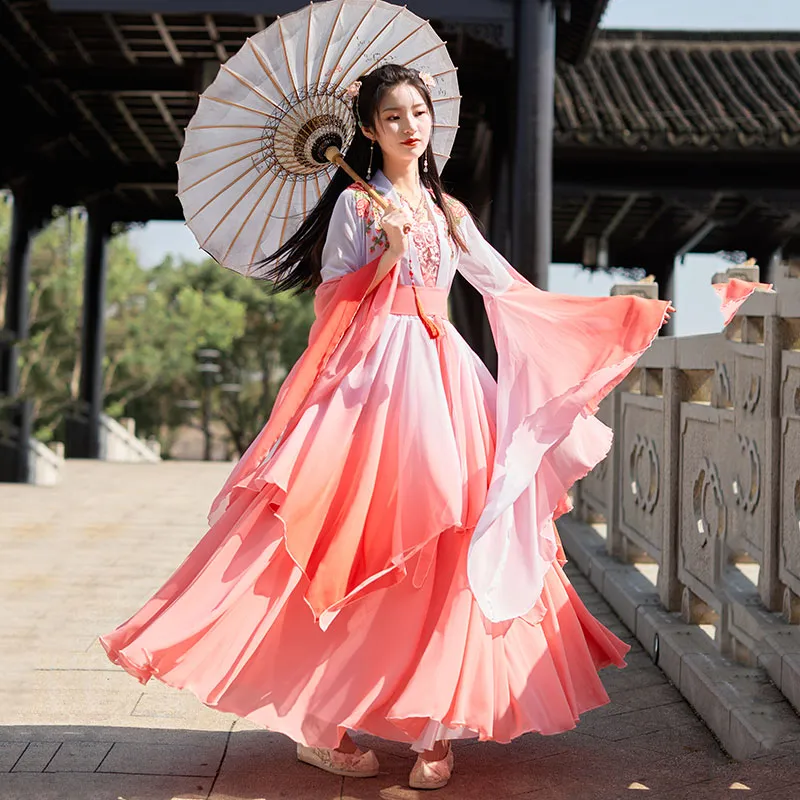Antique Ancient China Elements Hanfu Women's ethnic dress Set - Wide Sleeved Fairy Tops and Skirt for Trendy Summer Garments