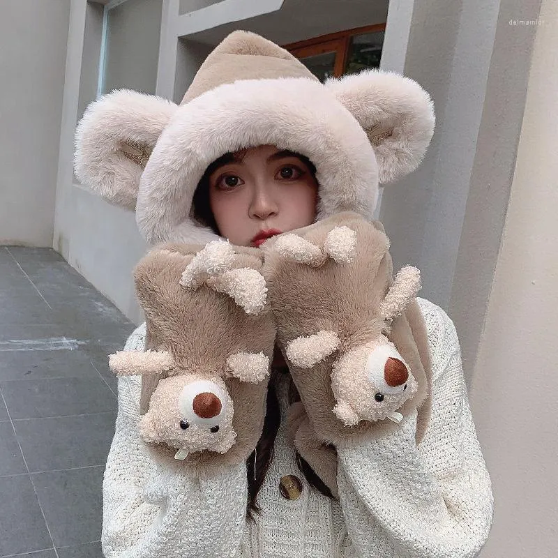 Bonnet/tête de mort casquettes Boutique mignon ours oreille chapeau écharpe gants ensemble hiver femmes nouveauté chaud décontracté chapeaux en peluche solide polaire fille Kawaii Acc Delm2