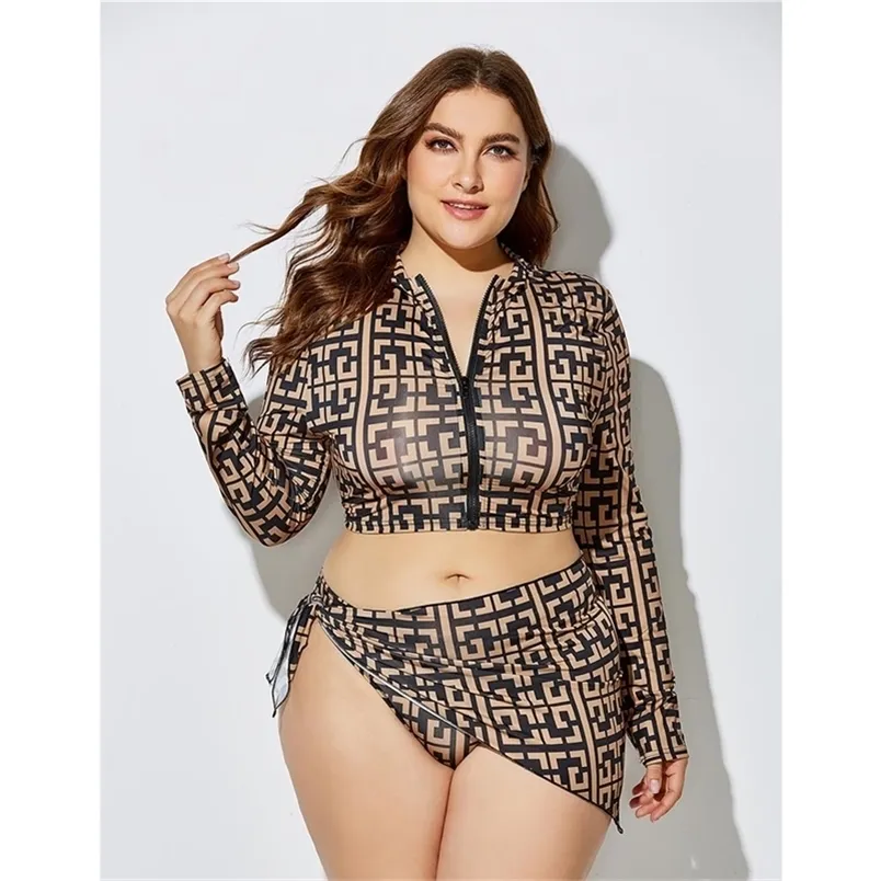 Plus Size Swimwear Women Sexy Printed Bikini Large Split Swimsuit Three Piece Scarf With Head High Waist Bathing Suit 220622