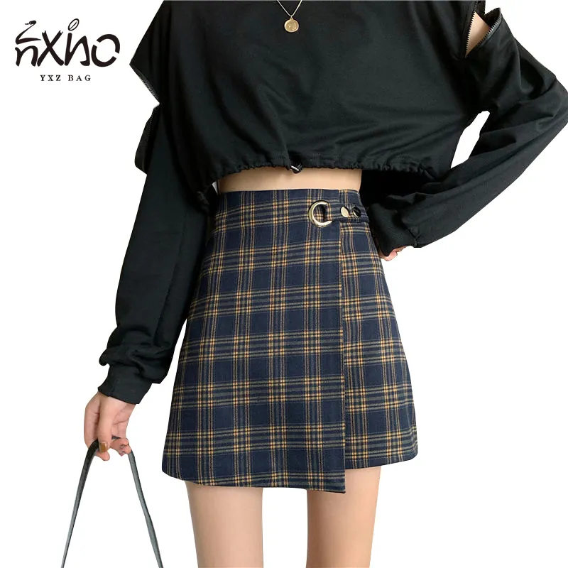 Women Vintage Grid-Pattern Skirt Hasp Splicing A-Line High-waisted Skirts Lady Fashion Pretty Casual Mini Skirts