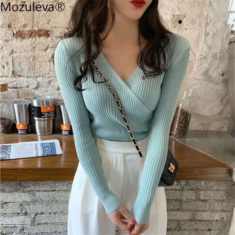 Mozuleva Autumn Winter Simple All-Match V-hals Cross Women Pullovers Slim Female Knitted tröja toppar full ärm Jumpers 201224