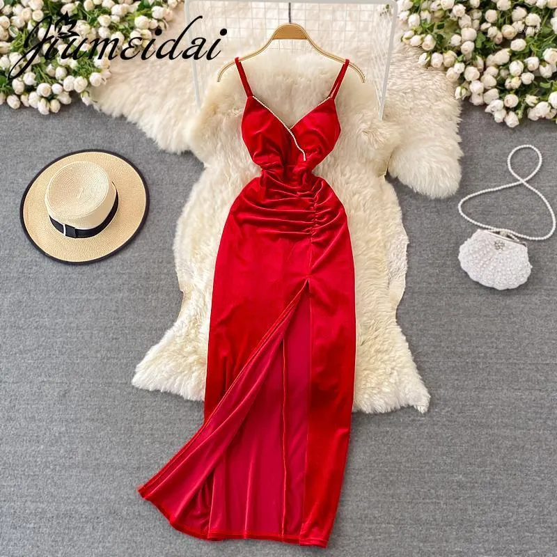 Casual Dresses JiuMeiDai 2022 Women Autumn Elegant A-Line Velvet Dress Office Lady Beading Robe Femme Vintage Designer Party Clothing Vestid