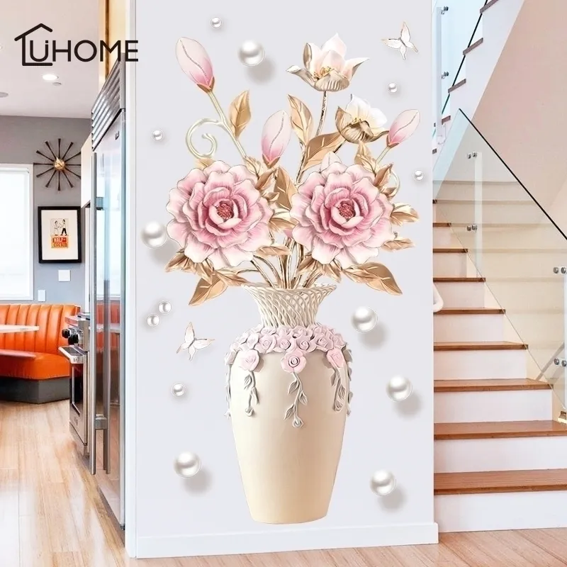 Creative Peony Flowers Vase Wall Sticker for Living Room Bedroom Decal 3D Stickers Removable Decoration Painting Decor Y200103