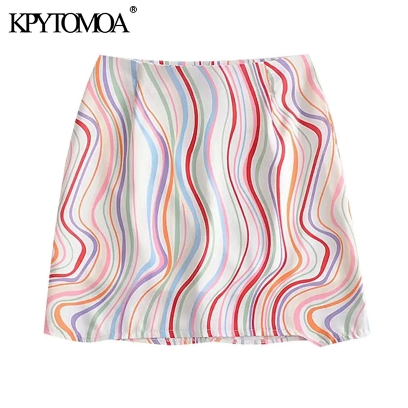 KPYTOMOA Women Chic Fashion Office Wear Color Striped Mini Kjol Vintage A Line Back Dxedragare med foder kvinnliga kjolar Mujer 210315