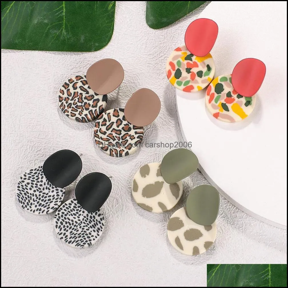 trendy unique polymer clay charms leopard drop earrings for women cute multi-color round pendant dangle earring jewelry