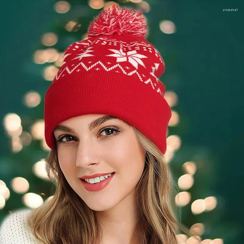 قبعة قبعة/جمجمة قبعات Jacquard Christmas Hat Hat Fur Ball Hem Gift Winter Warm Warm Hats للنساء البالغات الثلجية Pros22