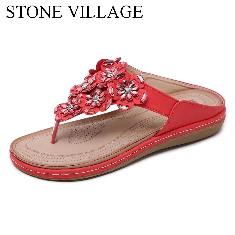 Stone Village Sandals Bohemian S Flower Beach Flip Flops Stor storlek Bekväm platt sko Y200624