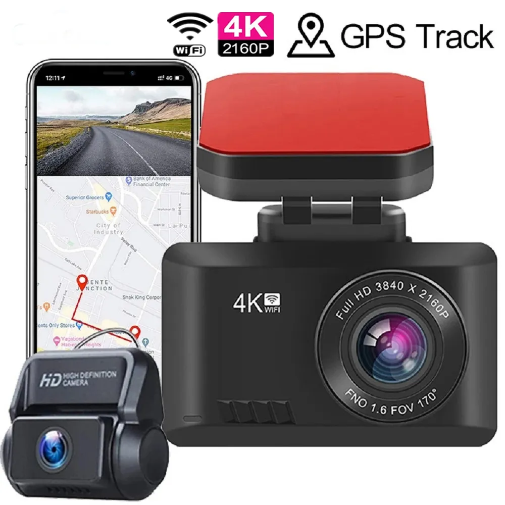 Full HD 4K 2160P enregistreur de conduite voiture DVR caméra GPS intégré WIFI enregistreur vidéo double lentille dash cam 24H Parking