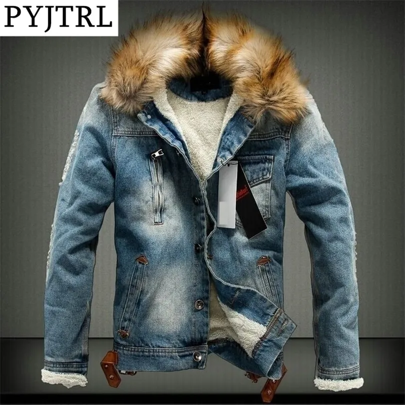 Pyjtrl herrar vinter tjocka fleece jacka mode män trasig patch bombare denimrock chaqueta hombre streetwear kläder 201128