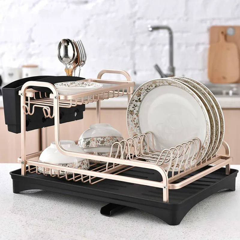 Aluminium Alloy Dish Rack Kitchen Organizer Storage Drainer Drying Plate Shelf Sink Supplies Knife and Fork Container 220328