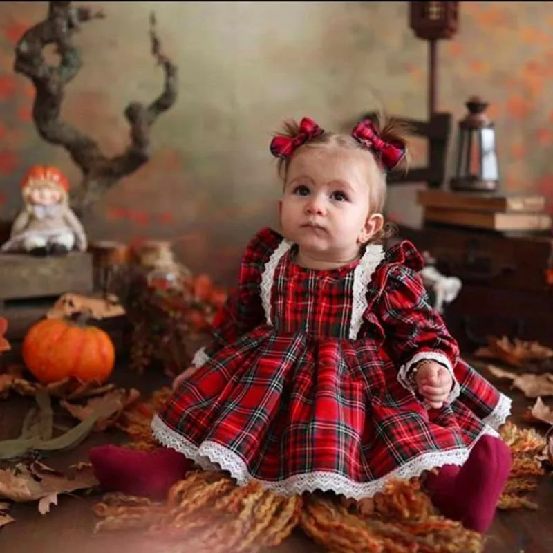 Girl's jurken peuter babymeisjes tweedelig pak kerstmas feest lange mouw kanten plaid bedrukte prinses jurk sets vakantie jurkirl's