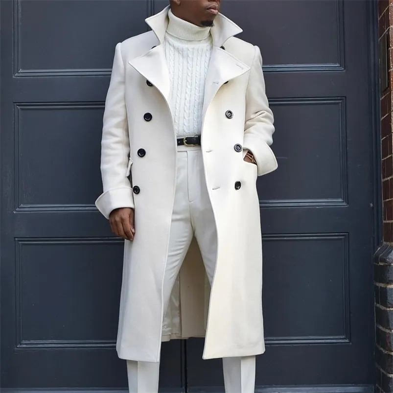 Man White Long Jackets Autumn Wool Blends Long Sleeve Trench Coat Fashion Men Plus Size Clothing Causal Winter Outerwear 2020 LJ201110