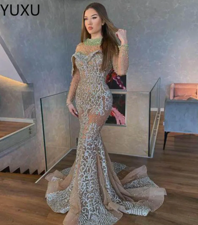 Nieuwste luxe pure nek zeemeermin avondjurken kralen lovertjes lovertjes lovertjes prom -jurken elegante formele jurk speciale feestjurken