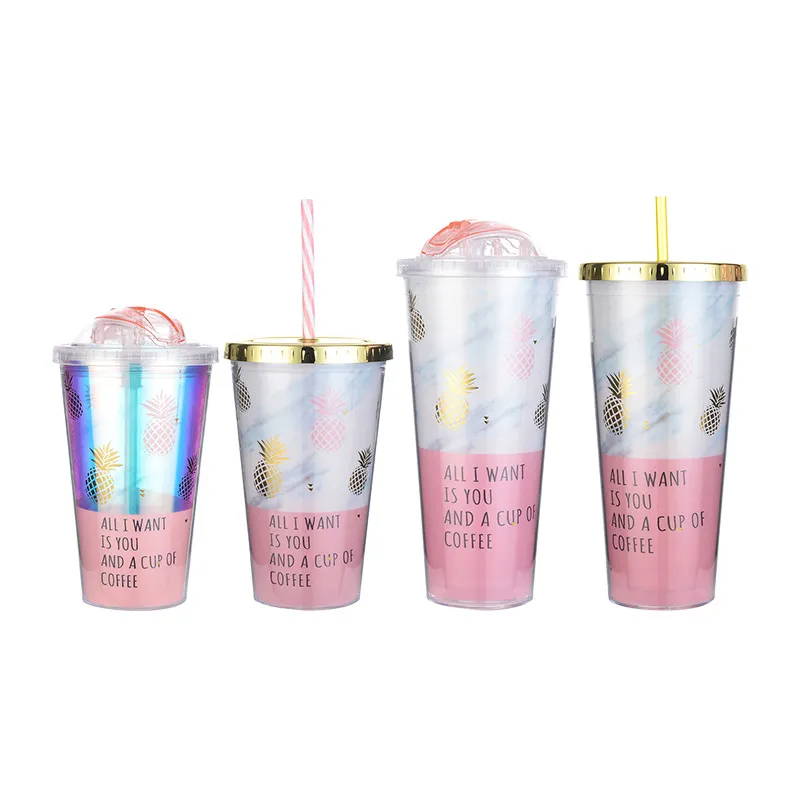 1pc Pink Pineapple Tazze da caffè BPA Free Bottiglia d'acqua in plastica Tazza da viaggio Tazza portatile per tè e latte Tazza con cannuccia Bicchieri 20220608 D3