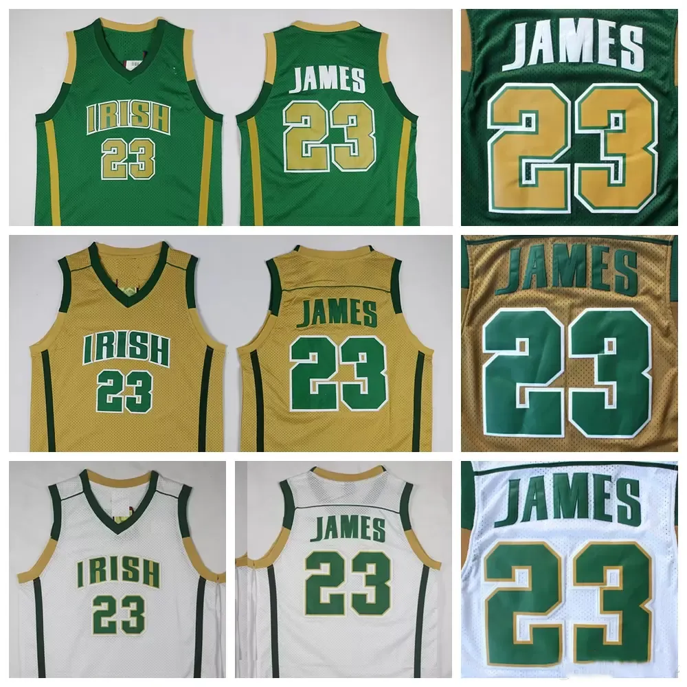 カレッジバスケットボールは23ジェームズアイリッシュ高校バスケットボールジャージーステッチグリーンホワイトゴールドスローバックジャージーグレートクオリティシャツ