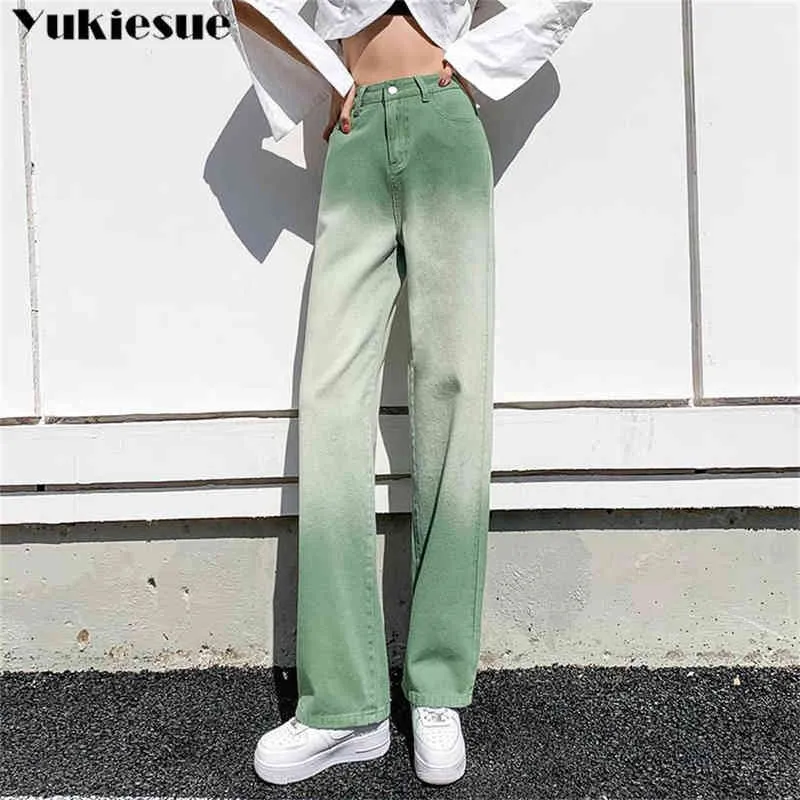 lente 2022 dames hoge taille groene rechte dames wide been jeans baggy vrouw denim capris broek Jean Mom jeans broek T220728