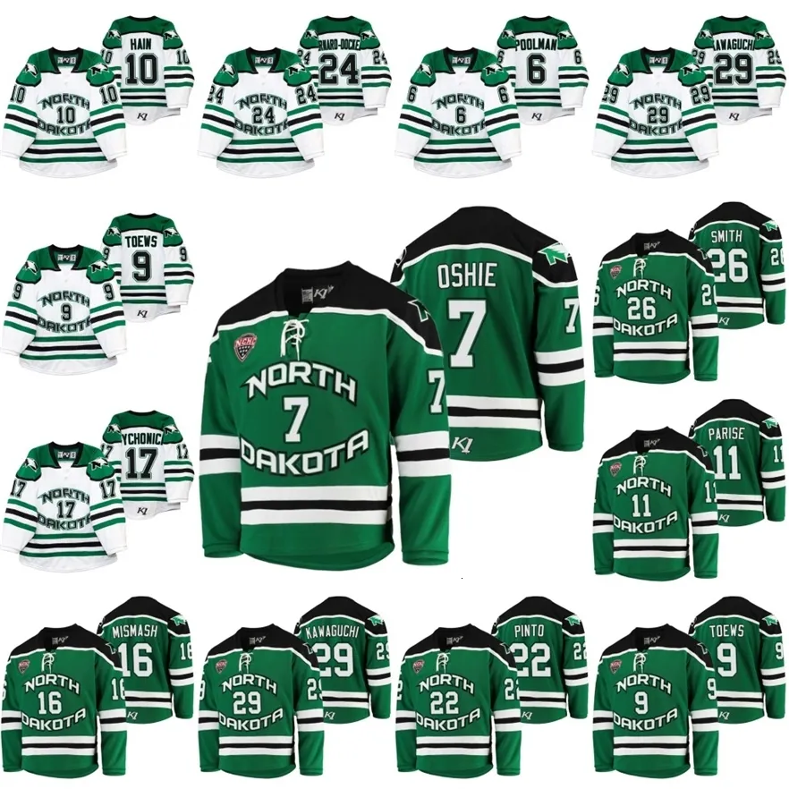 A3740 7 T. J. Oshie North Dakota Fighting Hawks College Hockey Jersey Shane Pinto Cole Smith Adam Scheel Gavin Hain Matt Kiersted Jonathan Toews