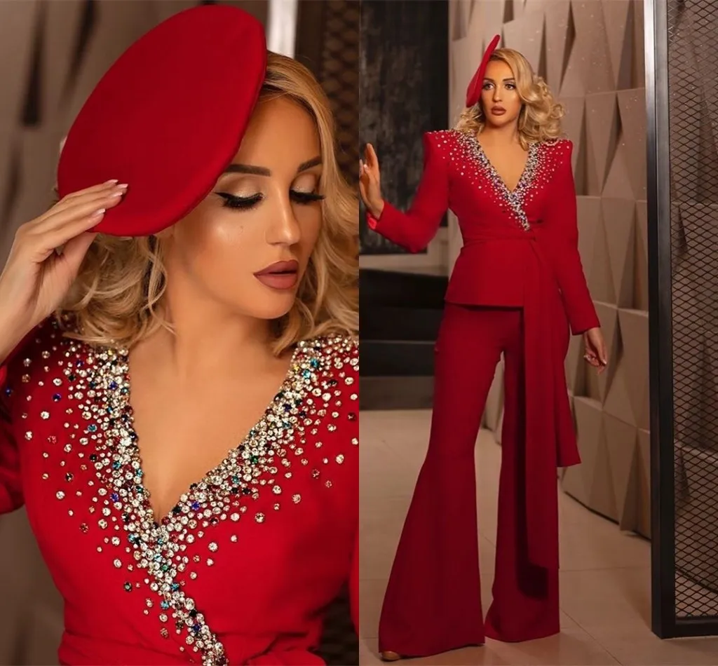 Luxury Crystal 2 Piece Prom Dress Suits Long Sleeve Beaded Crystal Red Suit With Belt Fashion Evening Formal Lady pant Suits