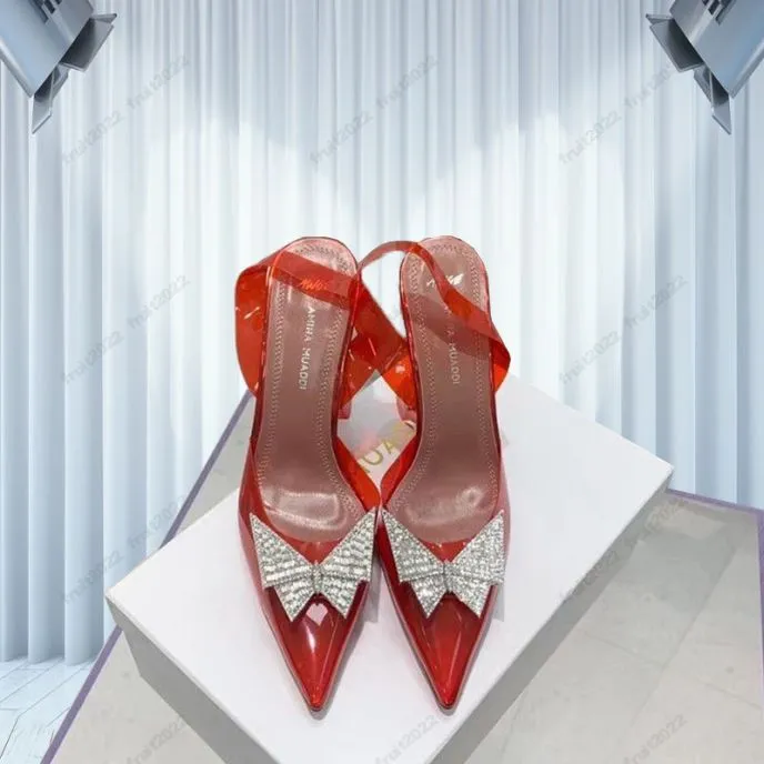 Amina muaddi sandálias femininas sola sola de couro salto alto 10 cm de cristal borboleta diamante decoração banquet women pvc wedding shoes formais sexy