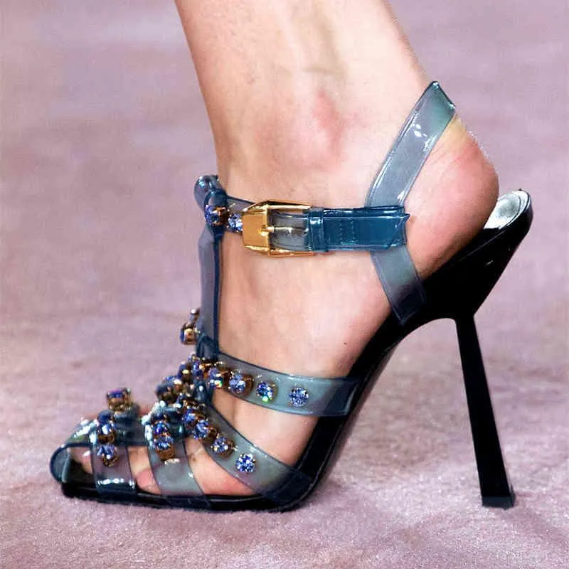 Wind 2022 spring and summer new thin heels high heels Roman style transparent PVC sandals large fashionable women`s shoes