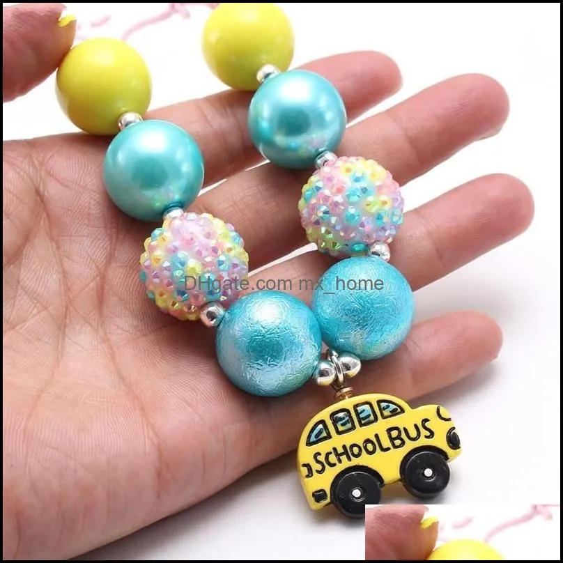 fashion baby chunky bubblegum beads necklace with school bus pendant for girls kids diy rope chain necklace kids gift mxhome