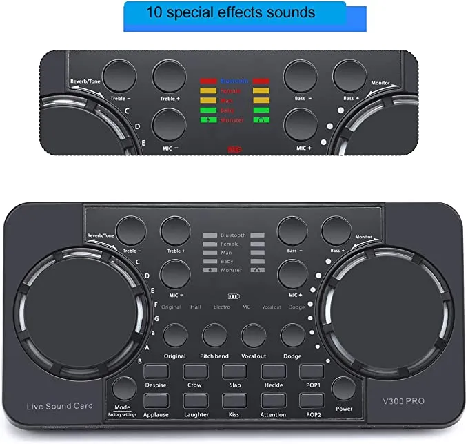 Scheda audio V300 10 effetti sonori Riduzione del rumore Mixer audio Cuffie con microfono Controllo vocale per telefono PC, Nero,